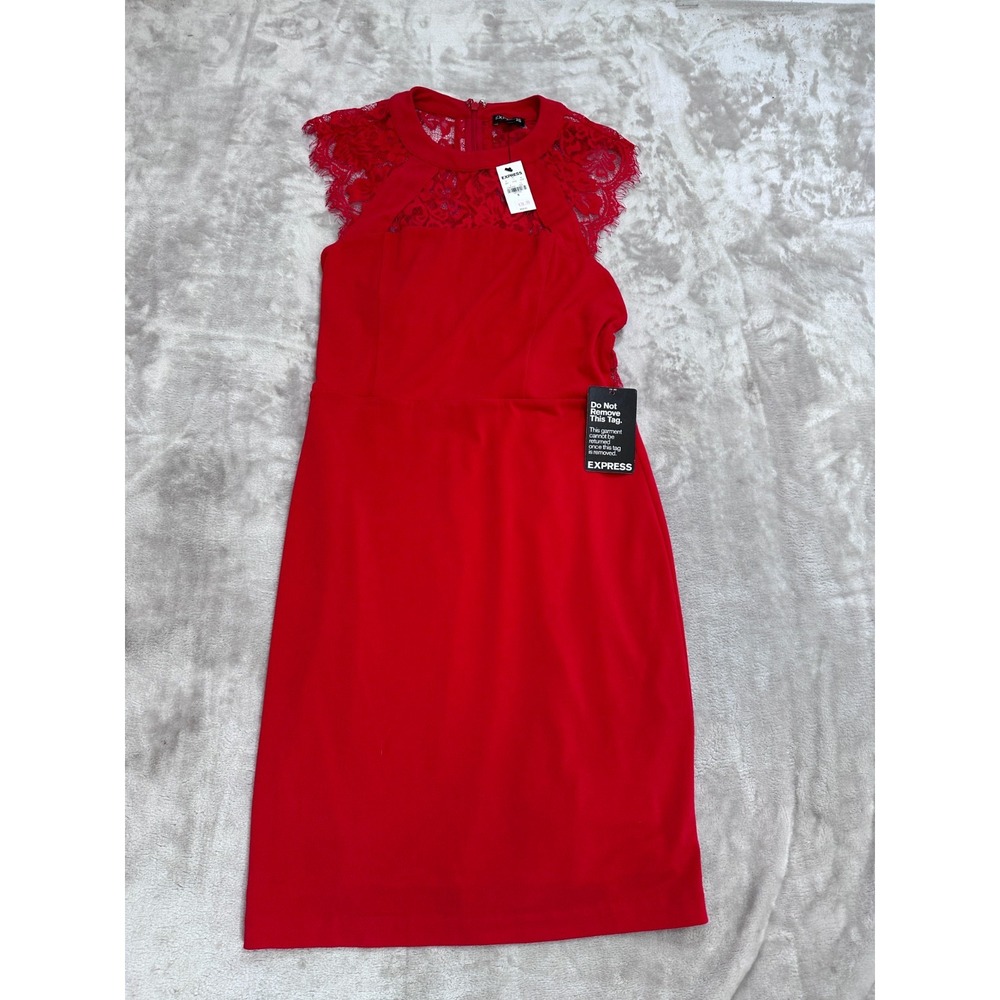 Express Dress Womens Size 8 Red Lace Illusion High Neck Strappy Cutout Back NWT